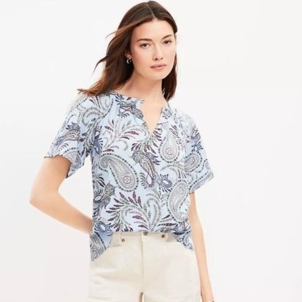 LOFT Womens Blouse Paisley Seersucker Tie Back Yoke Top Divine Blue Rayon Cotton